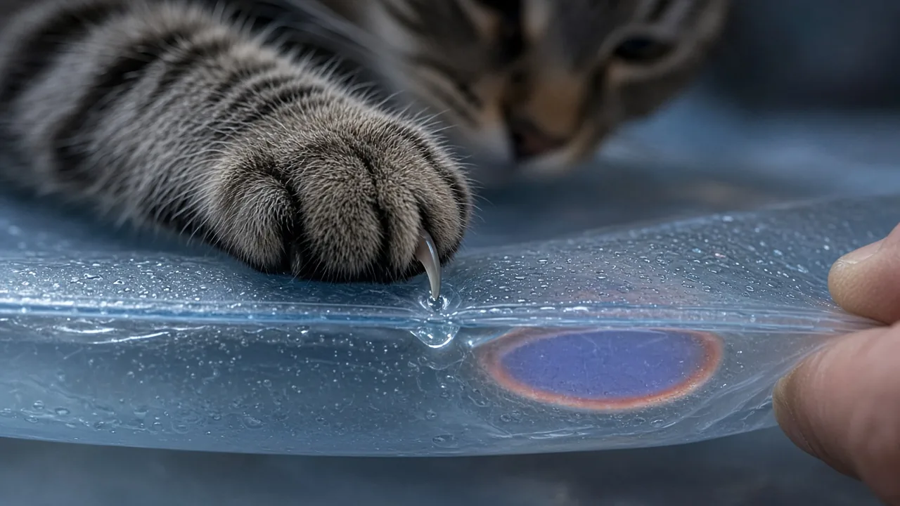 Close-up of a cat claw pressing into a water mat seam, why do cats scratch holes in water mats