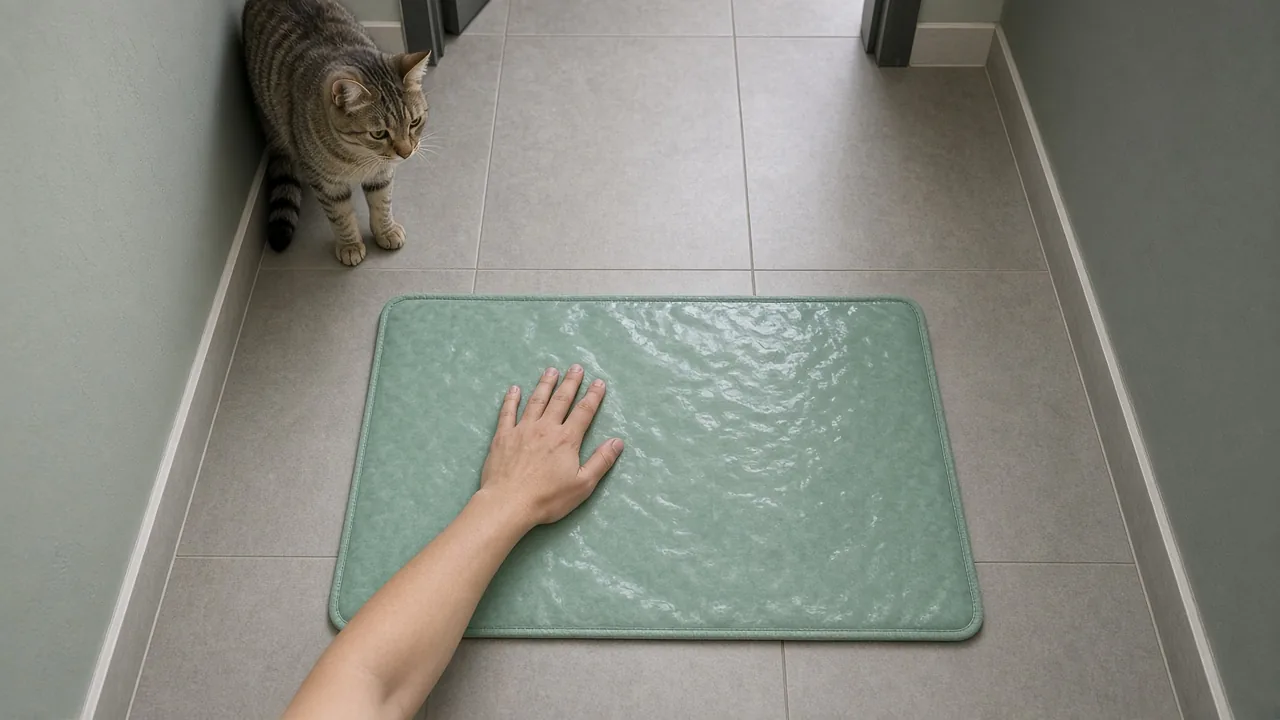 Hand checking a water mat surface for soft spots before use, why do cats scratch holes in water mats
