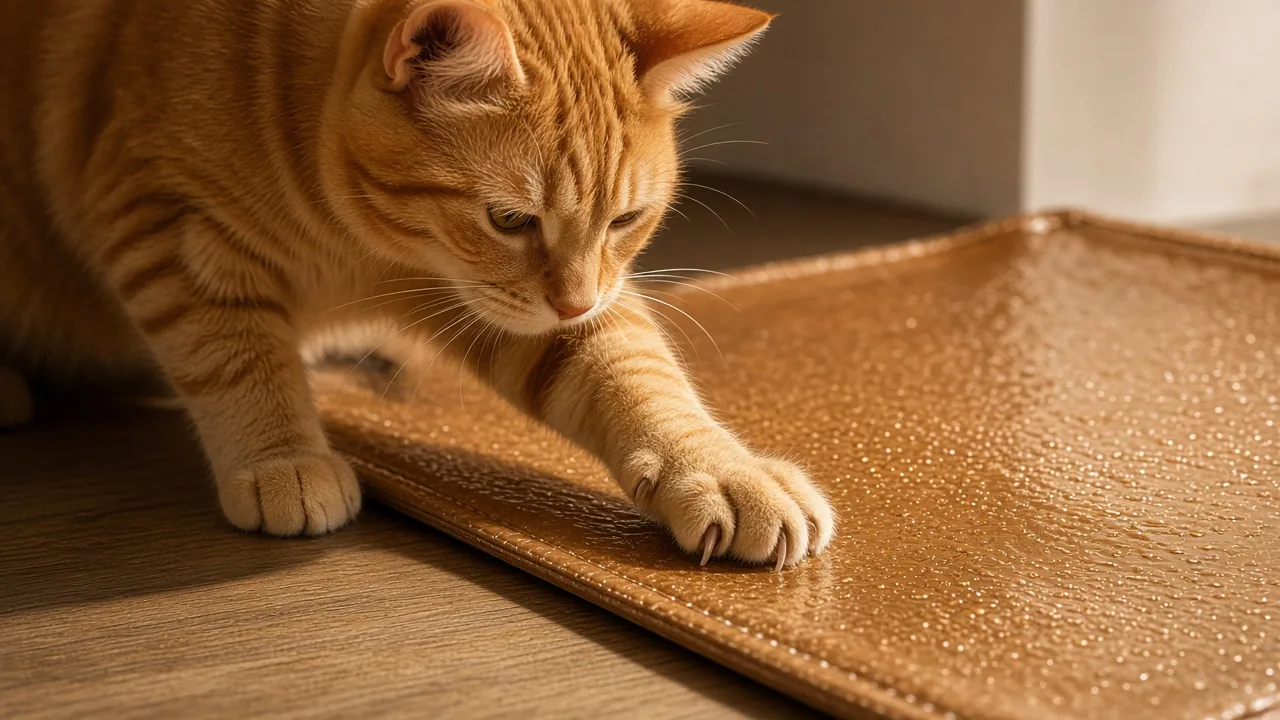Orange cat kneading its claws into a flat vinyl water mat, why do cats scratch holes in water mats