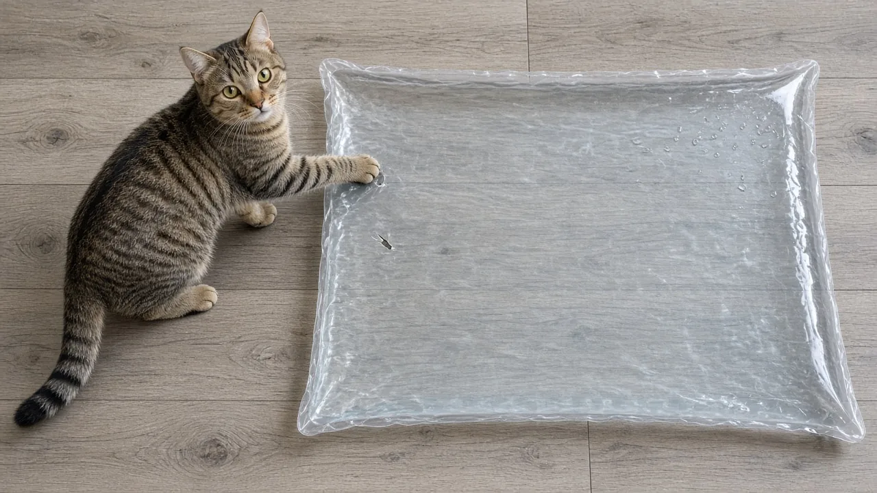 Tabby cat beside a water mat on a wooden floor, looking at its scratched surface, illustrating why do cats scratch holes in