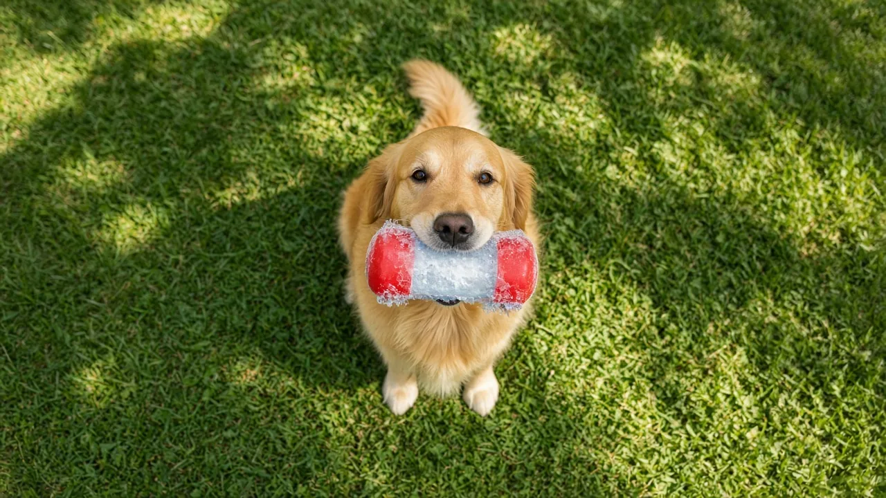 Golden retriever dog happily holding a frozen fillable dog treat toy with icy frost in a sunny backyard