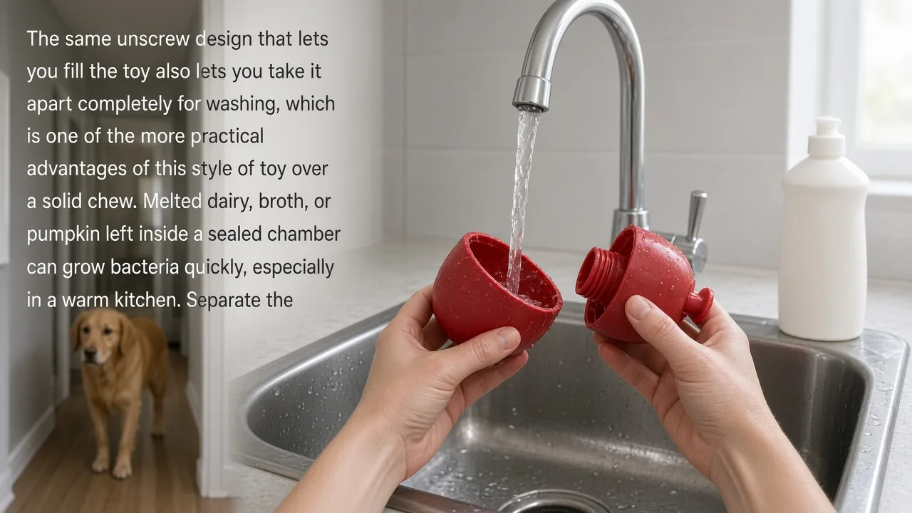 Hands rinsing separated parts of a fillable dog treat toy under water in a kitchen sink