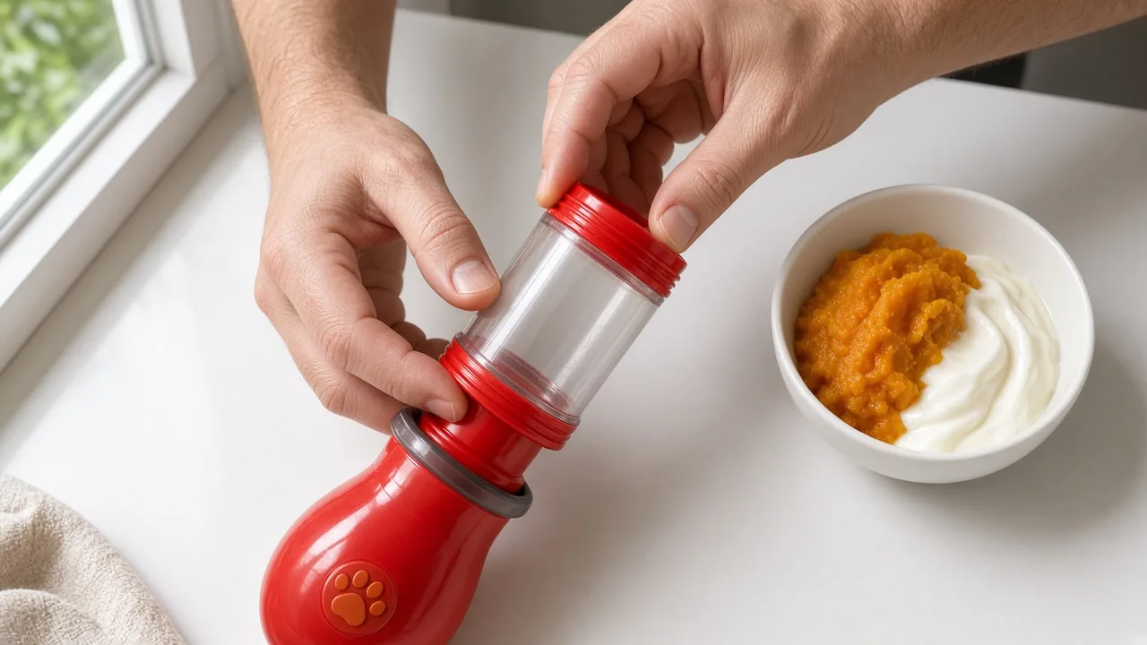 Hands unscrewing a fillable dog treat toy on a kitchen counter to fill it with frozen dog treat mix