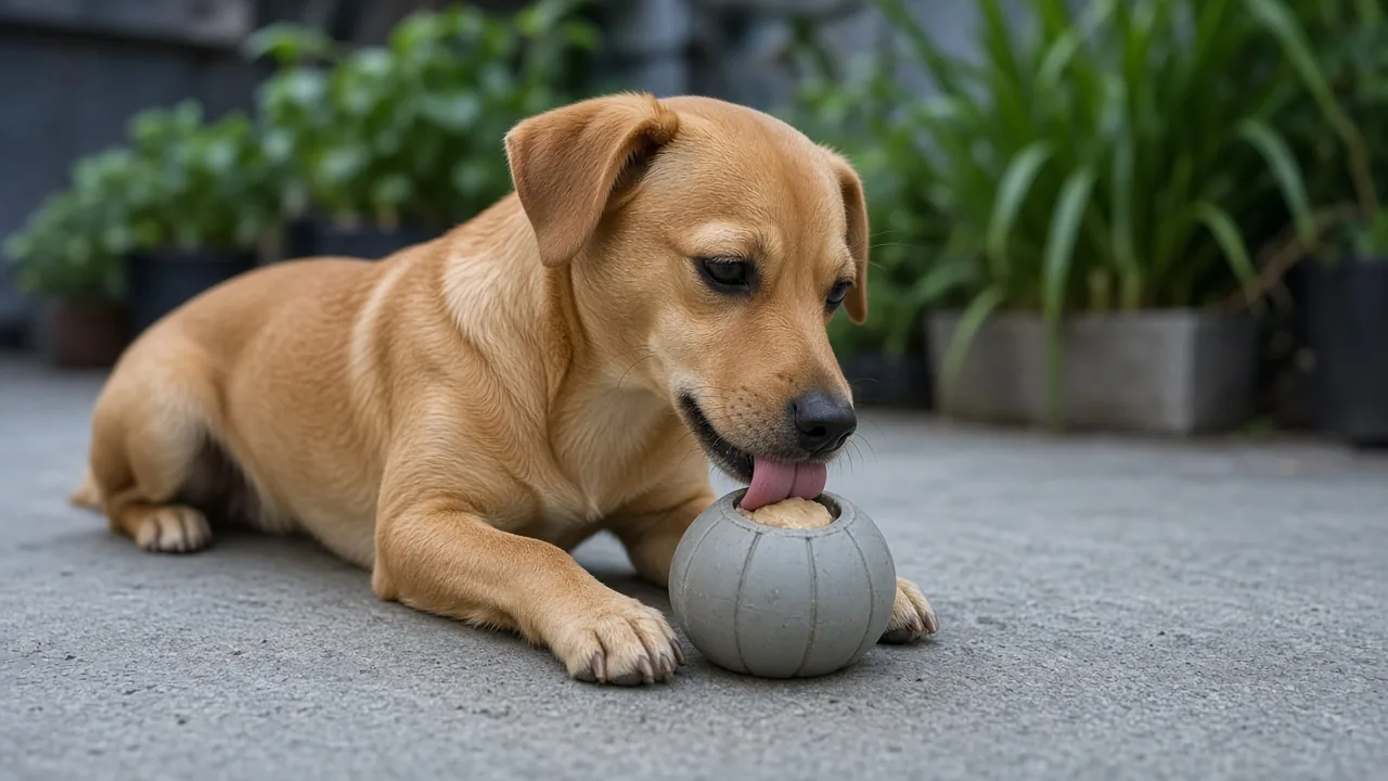 Small tan dog licking a frozen fillable dog toy on an outdoor patio to make the treat last longer