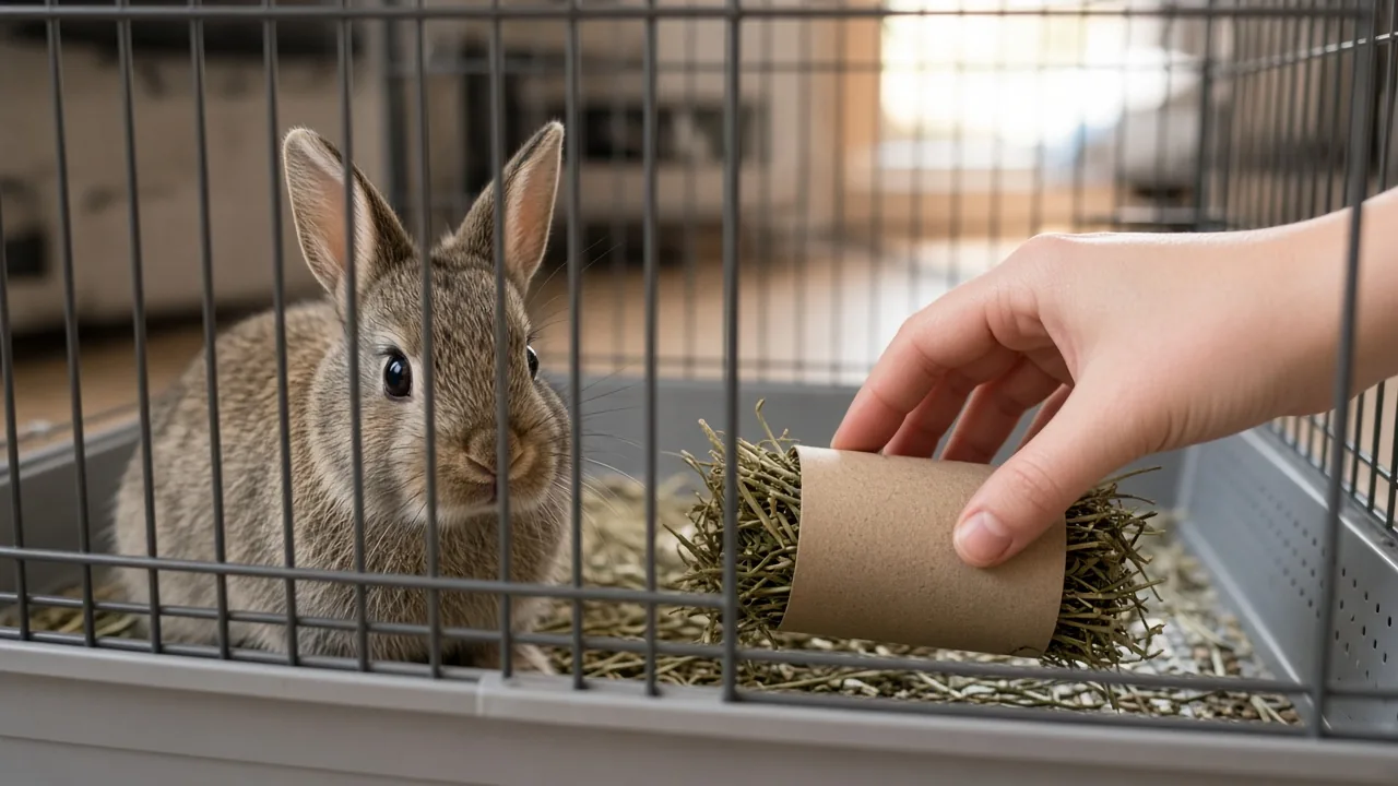 Pet rabbit beside a homemade hay-stuffed toilet paper tube in a cage, showing a low-cost DIY chew alternative