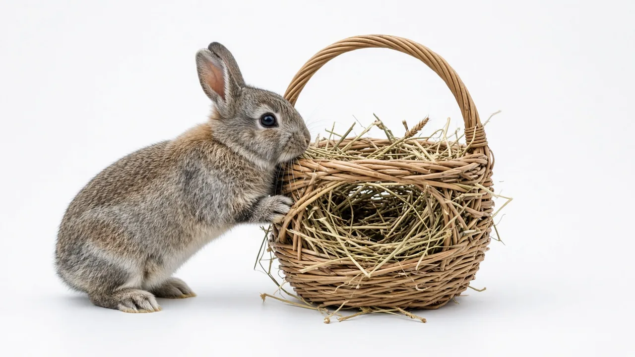 Pet rabbit chewing a woven willow basket stuffed with hay against a white background, showing a natural woven chew toy