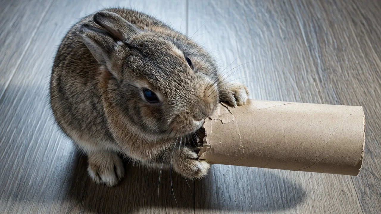 Pet rabbit tearing at a plain cardboard tube on a wooden floor, showing why rabbits prefer cardboard to rigid toys