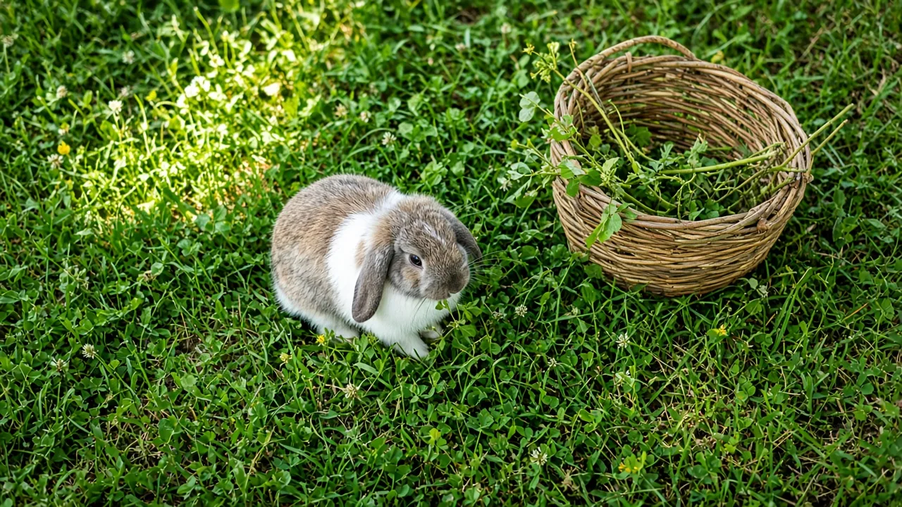 Pet rabbit nibbling clover in a sunny meadow beside a woven willow basket, illustrating why does my rabbit ignore chew toys