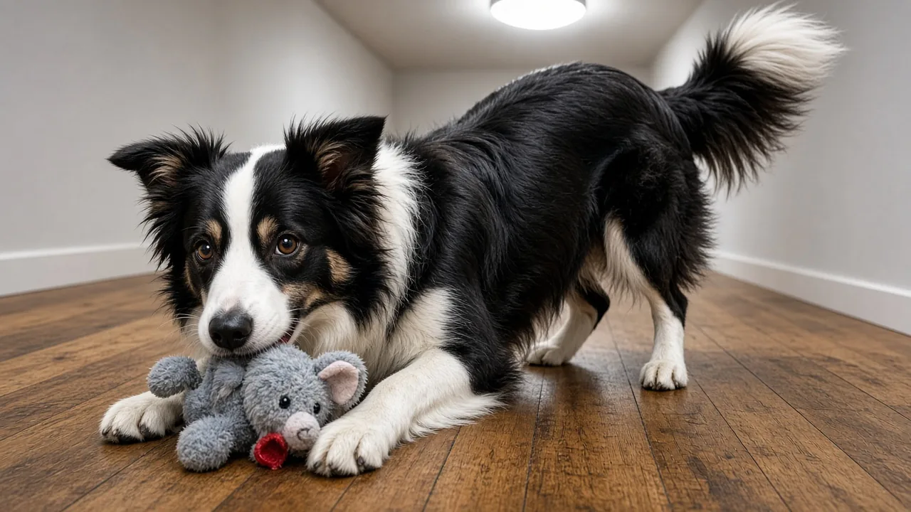 Border collie dog in a play bow on a wooden floor with a squeaky toy between its paws, showing excited dog body language