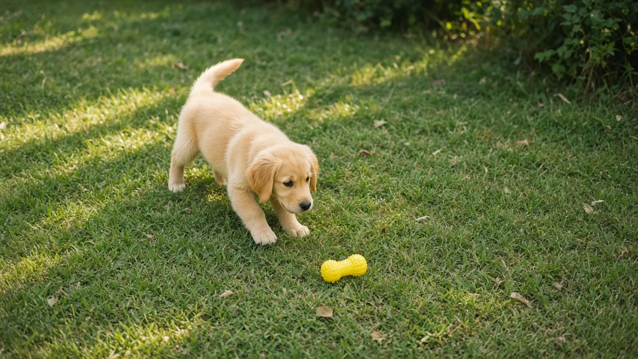 Curious golden retriever puppy tilting its head beside a yellow squeaky toy on a sunny backyard lawn, showing why dogs cry at