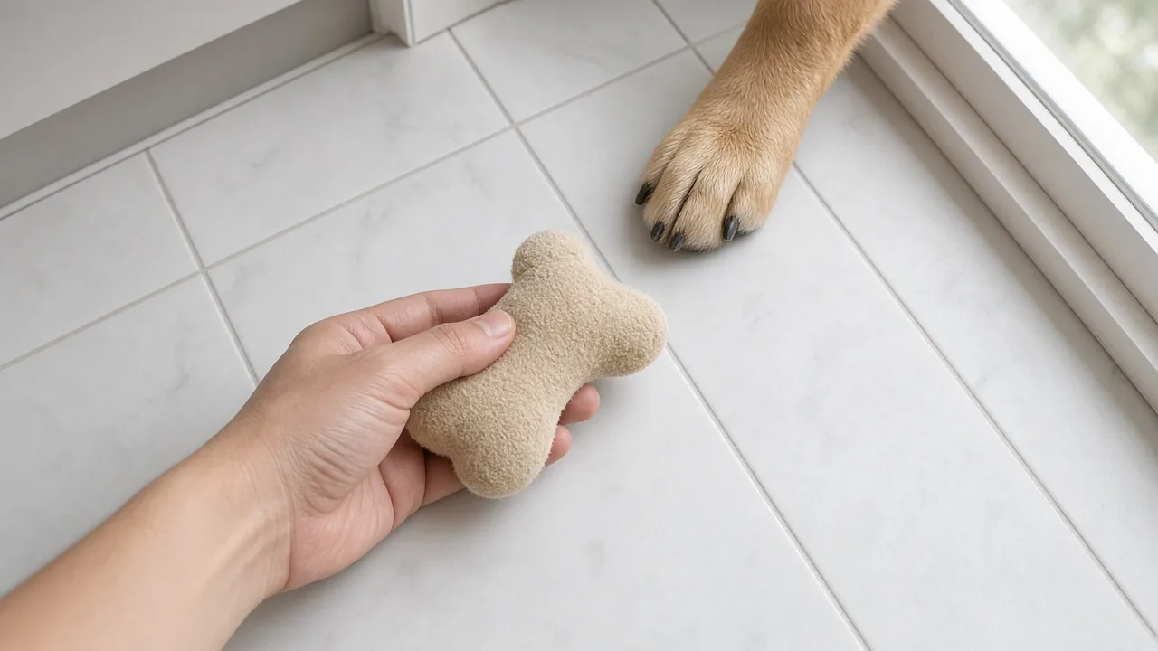 Hand holding a soft squeaky toy on a tiled kitchen floor as a dog's paw approaches during a safe reaction test