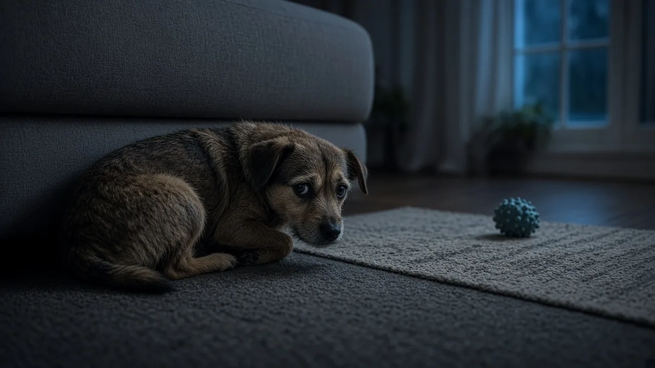 Small shy mixed-breed dog crouched with tucked tail and flattened ears beside a sofa, away from a squeaky toy on the rug