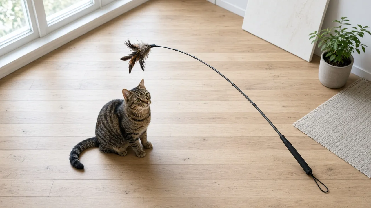Tabby cat watching a fully extended telescopic cat wand toy with a feather attachment arcing overhead, showing how to retract