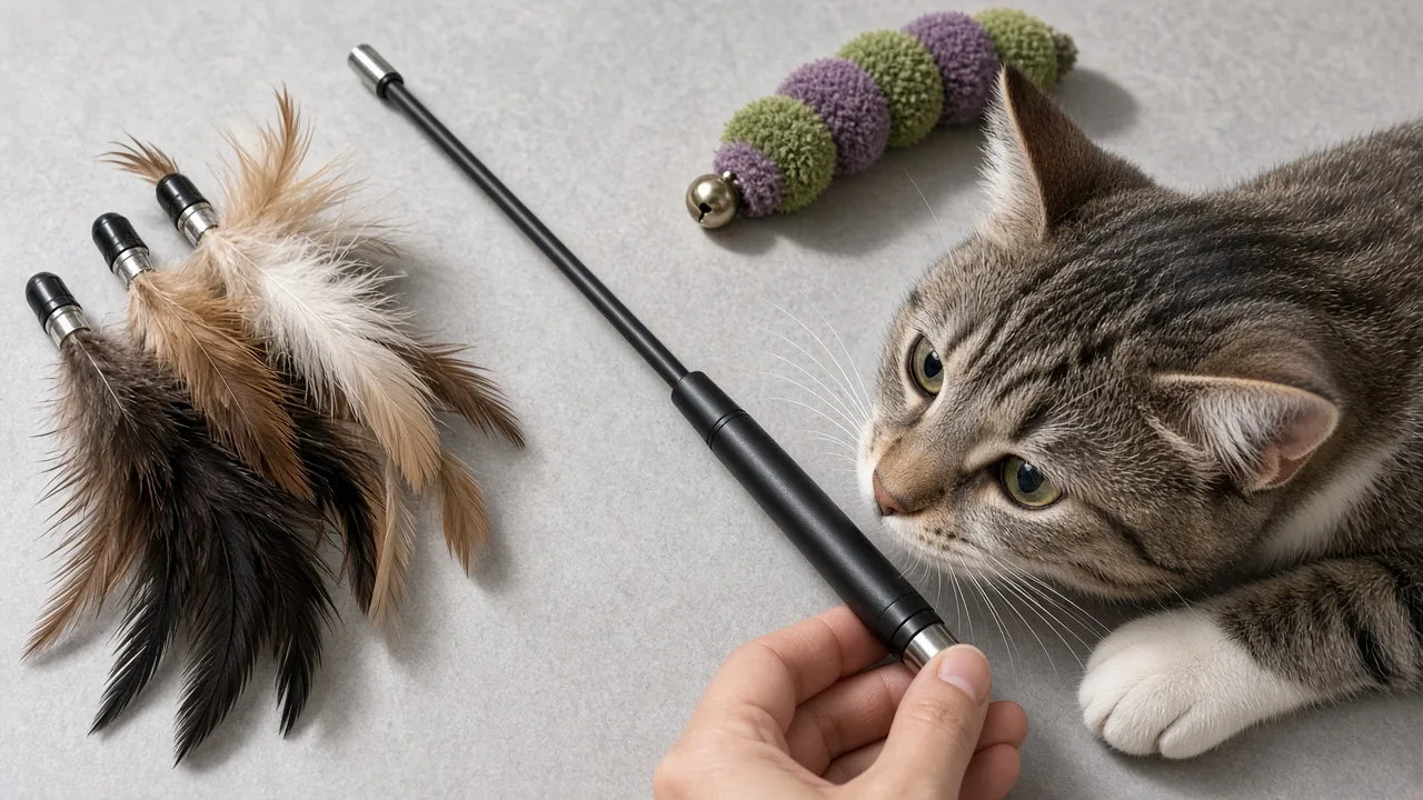 Flat lay of a telescopic cat wand toy set with rod, feather attachments, and caterpillar toy on a gray table