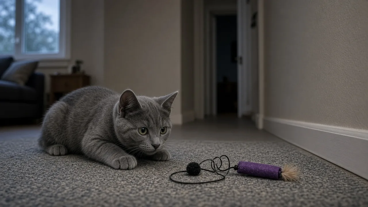 Grey kitten crouched low stalking a short collapsed cat wand toy on a living room rug