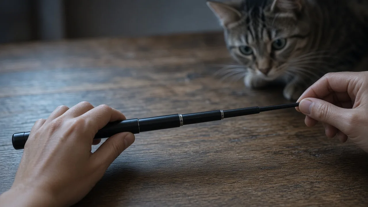 Hands pushing the tip segment of a telescopic cat wand toy inward on a wooden table to retract it